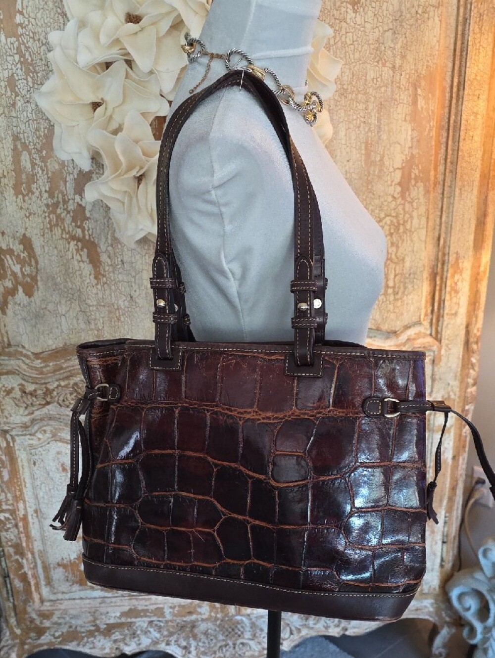 Dooney & Bourke Dark Brown Croc-Embossed Shoulder Tote - Picture 13 of 14